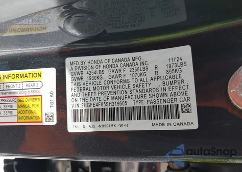 2025 Honda Civic Hybrid Sport/Sport Touring from USA, damaged, VIN 2HGFE4F85SH319605